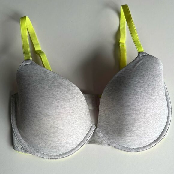 PINK Bra Demi Buste Gray Neon Yellow Pink Sz 34DD. MINT Condition - Picture 5 of 5